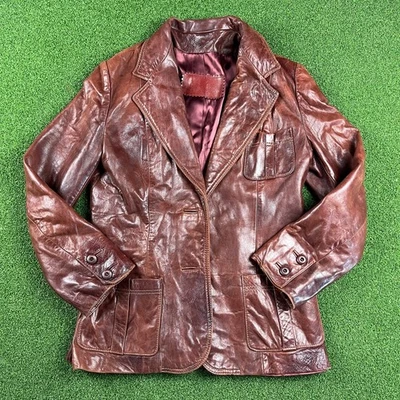 Blazer Vintage Años 70 80 Skin Gear Marrón Cuero Genuino Talla M Chaqueta Sin Botones   Foto 1 de 4