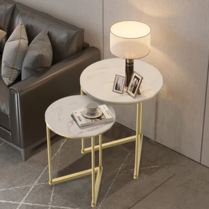 2 Separated Nesting Side Tables Marble Top Round End Table Bedside Night Stand - Picture 1 of 12