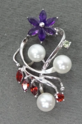 Sterling Silver Pearl Pendant With Amethyst, Garnet and Peridot Stones - Image 1 of 3