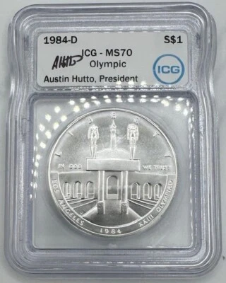 1984 D ⭐MS 70⭐ USA OLYMPIC Silver  Commemorative $1-ICG Hutto Signed White Label - Image 1 of 2