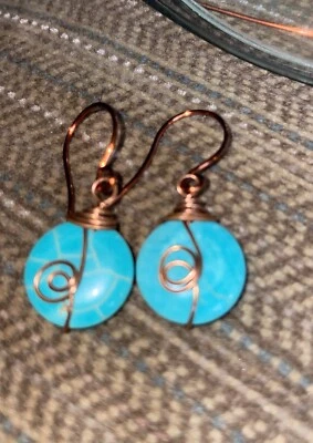 Earrings Artisan Wire wrap Handmade Blue Turquoise Gift Dangle Copper Coin JMes Foto 1 de 4