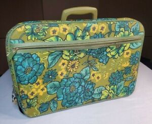 Vintage Bantam Travelware Floral Blue Yellow Mod Pattern Suitcase Luggage 60's