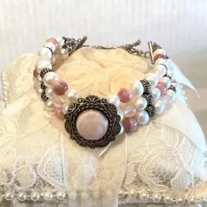 Carolyn Pollack Sterling Silver Rhodochrosite MOP & Pearl Beaded Toggle Bracelet - Picture 1 of 9