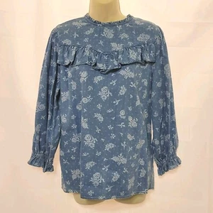NWT Blue Chambray Prairie Blouse Floral Pattern Ruffles Size M Cottage Core - Picture 1 of 6