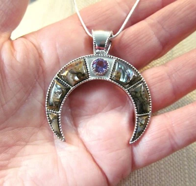 Judy Crowell Amethyst & Abalone Double Horn Crescent Pendant Enhancer Necklace - Image 1 of 4