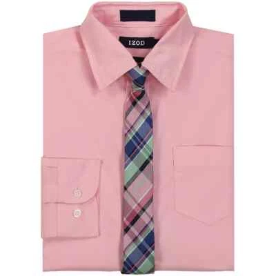 男孩 Izod 弹力府绸纽扣前衬衫和领带粉色 S 8 码 — 第 1/4 张图片