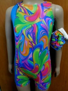Fluorescent Multi Color Print Biketard shorty unitard Gymnastics Girls Sizes NWT - Picture 1 of 6