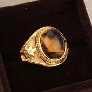 Oval Natural Tiger Eye Stone Gold Color Stainless Steel For Men - Picture 1 of 18