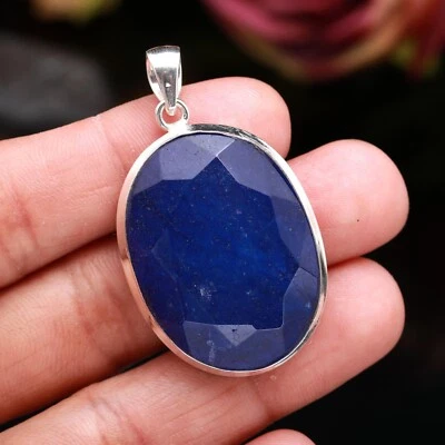 Blue Lab Created Sapphire Gemstone Handmade Jewelry 925 Sterling Silver Pendant - Image 1 of 4