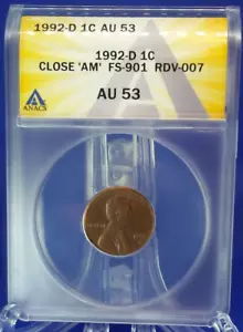 1992 D "Close AM" Lincoln Cent ANACS AU 53 - Picture 1 of 6