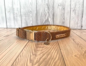1" Toffee Harris Tweed Soft Handmade Adjustable Dog Collar silver clip S-XL - Picture 1 of 8