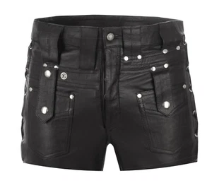 Pantalones cortos de cuero pantalones cortos de cuero negros pantalones cortos de cuero remaches cuero pantalones cortos   - Imagen 1 de 3
