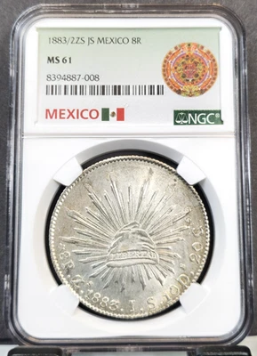 1883/2 Zs JS MEXICO SILVER 8 REALES 8R NGC MS 61 RARE MINT STATE OVERDATE - Image 1 of 3