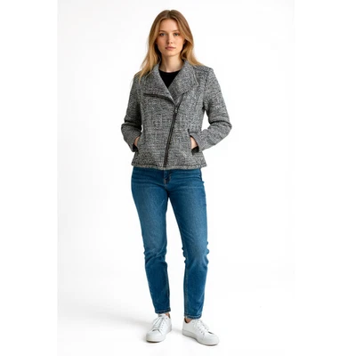 Chaqueta de moto halógena tejida gofre cremallera asimétrica mujer pequeña negra blanca granito Foto 1 de 4