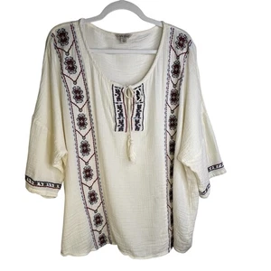 Lucky Brand Top Womens SZ 2X Embroidered Gauze Boho Beachy Peasant Cottagecore - Picture 1 of 14