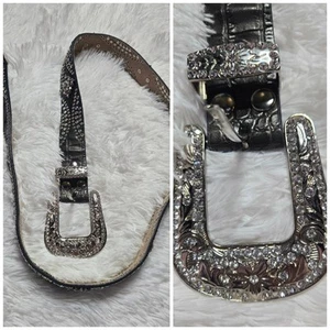 Cintura western nera in pelle con strass lavorata glitz taglia grande 48" - Foto 1 di 13