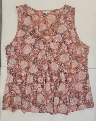 Camiseta sin mangas Lucky Brand para mujer 2X rosa melocotón marrón floral fluido bebé muñeca bohemia Foto 1 de 4