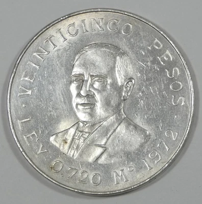 1972 Mo MEXICO Benito Juarez Silver 25 Pesos Coin ALMOST UNCIRCULATED - Image 1 of 4
