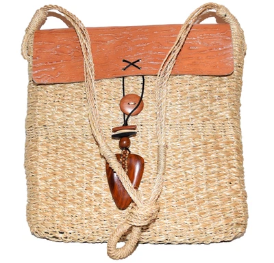Timmy Woods of Beverly Hills Natural Straw Leather Wood Clasp Shoulder Bag NWOT - Imagem 1 de 4