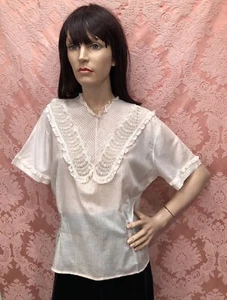 VTG 1930s Sheer Voile MILADY Embroidered Appliqué LACE Trim Suit Blouse Sz-M Exc - Picture 1 of 10