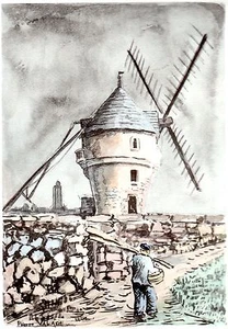 AQUARELLE COULEUR VIEUX MOULIN/ Moulin des Masses à Batz sur Mer ( Loire ) - Picture 1 of 1