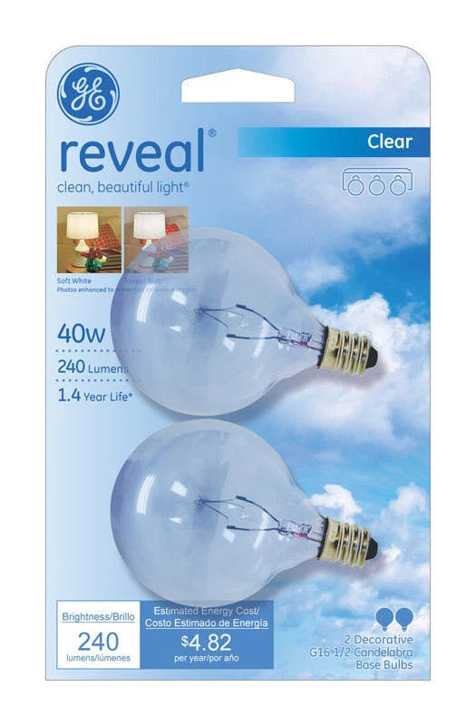 12 GE Reveal Globe Candelabra Base 40 Watt G16.5 Type Light Bulbs 48704 87768