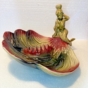 MCM Hull Ebb Tide Mermaid Sirene Ashtray Chartruess & Mauve No Chips Or Cracks - Picture 1 of 12