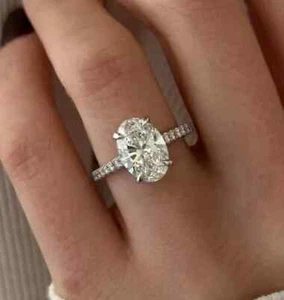 3.20 Ct Oval-Cut Real Moissanite Solitaire Engagement Ring 14k White Gold Plated - Picture 1 of 8