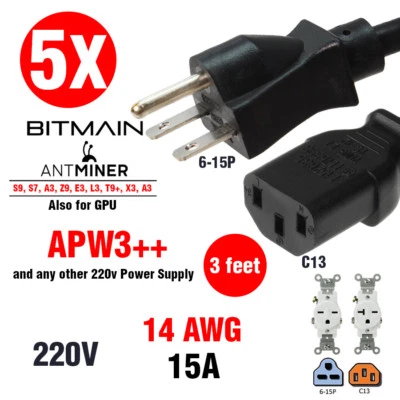 5 X 3FT 14 AWG NEMA 6-15P to C13 Power Cord PSU APW3++ 15A 220V NEMA 6-15P cUL - Image 1 of 4