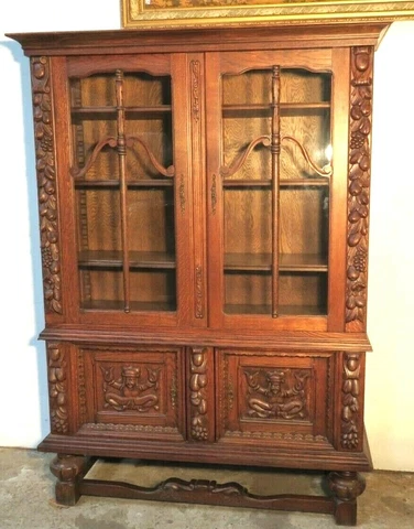 Awesome French heavily Carved Quarter Sawn Oak  Display Cabinet / Bookcase Cover
