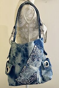 Stonewashed tie-dye denim purse with rhinestone accents embellishments silver