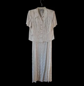 Vintage Slip Dress and Jacket Cream White Ivory Jacquard Satin Evening Size 10 - Picture 1 of 15