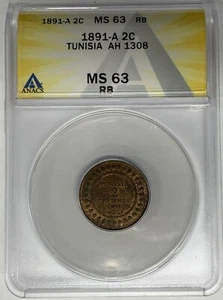 Moneda de 2 céntimos Túnez 1891-A AH 1308 ANACS MS 63 RB W7 - Imagen 1 de 2