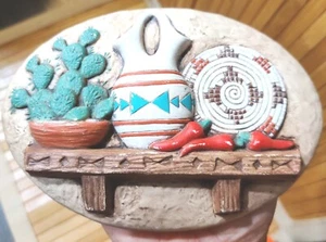 Vtg Ceramic Southwest Pottery & Cactus Wall Hanging Petite Oval Plaque Turquoise - Picture 1 of 7