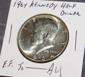 EF to AU Silver 1964 Kennedy Half Dollar  90% Silver coin , Reverse toning