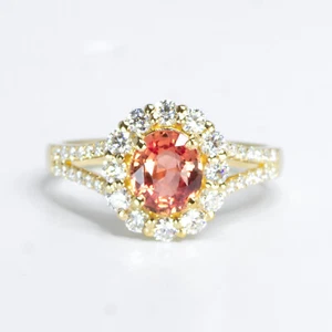 Natural Padparadscha Sapphire Halo Ring Padparadscha and Diamonds Ring in 18K - Bild 1 von 5