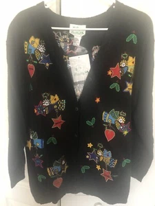 Quaker Factory CHRISTMAS Appliqué Cardigan Sweater With Button Covers Sz M NWT - Picture 1 of 13