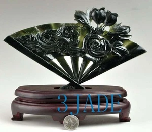 Natural Nephrite Jade Phoenix Flower Fan Statue Carving/Sculpture /Art Deco - Picture 1 of 9