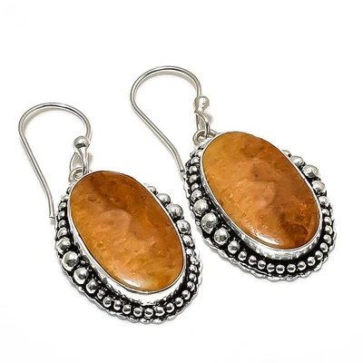 Pendiente de joyería de plata de ley 925 hecho a mano con piedras preciosas de coral fósil 1,97" K172 Foto 1 de 2