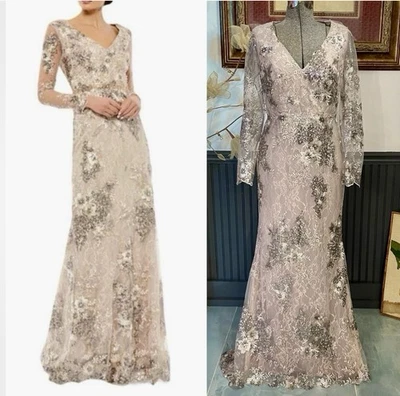 MAC DUGGAL Sequin Embroidered  Long Sleeve Evening Gown Taupe Lace Dress~8🧡🎀 - Image 1 of 4