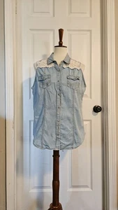 Cumberland blau Denim weiß Spitze ärmellos Knopfleiste Bluse Weste Größe XL - Bild 1 von 6