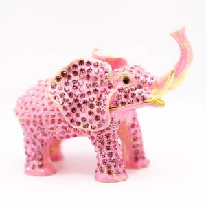 Bejeweled Enameled Trinket Box/Figurine With Rhinestones-Pink Sparkling Elephant - Picture 1 of 5