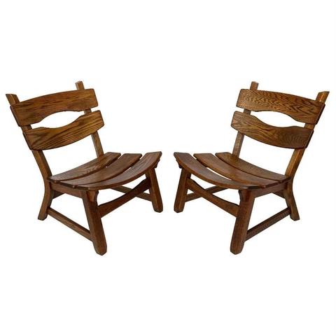 Pair Brutalist Solid Oak Lounge Chairs Dittmann & Co Mid Century Modern A Cover
