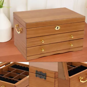 Retro Storage Case Jewelry Box 3 Layers Large Capacity Organizer Wooden w/ Lock - Picture 1 of 22