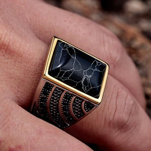 Vintage Black Turquoise Onyx Ring Stainless Steel Retro Men's Rings Size 7-15 - Picture 1 of 5