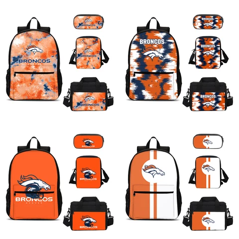 Denver Broncos Kids School 4PCS Backpacks Set Pen Bag Crossbody Bag Lunch Bag Cover