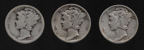 MERCURY DIMES 1920D 1936 & 1939 - 10 cent coins circulated - 90% SILVER lot of 3 Cover