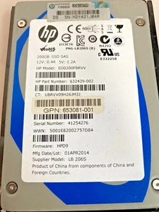 632429-002 HP 200GB SAS Enterprise Performance 6G SC 2.5" SSD 653078-B21 W/ Tray - Picture 1 of 2