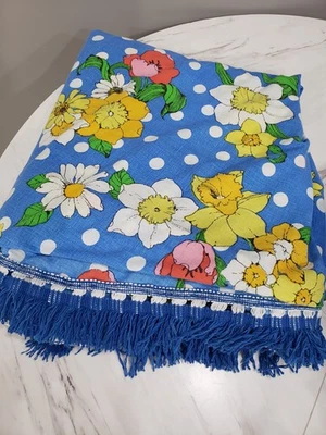 复古床裙灰尘荷叶边正装 mod 70 年代复古花卉蓝色黄色波西米亚 — 第 1/4 张图片