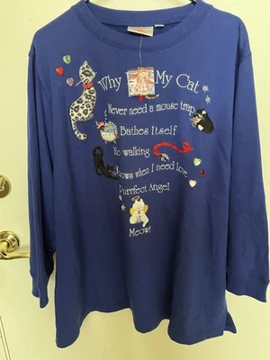 QUACKER FACTORY I  Love My Cat Sweater -Embroidered/Sequins/Beads. Soft. 3X New - Image 1 of 4